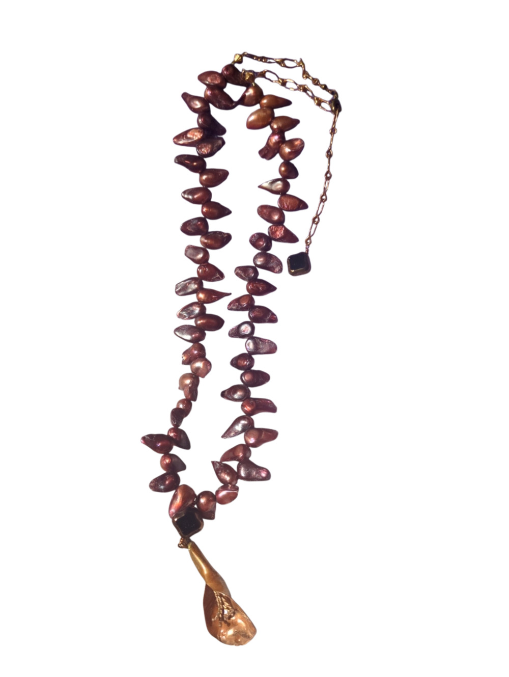 Freshwater Pearl and Bronze Flower Pendant Necklace